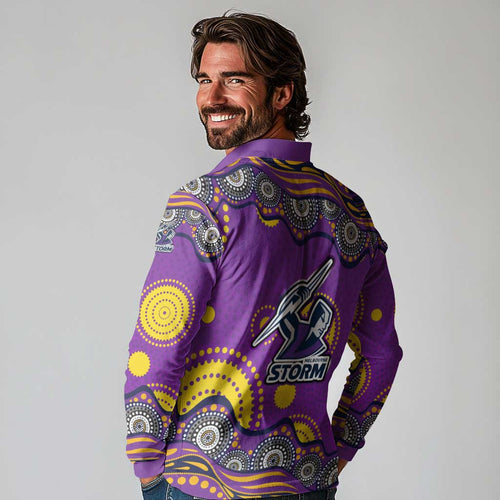 Melbourne Storm Long Sleeve Polo Shirt Aboriginal Dot Pattern - Rugby Mascot Heritage Pride
