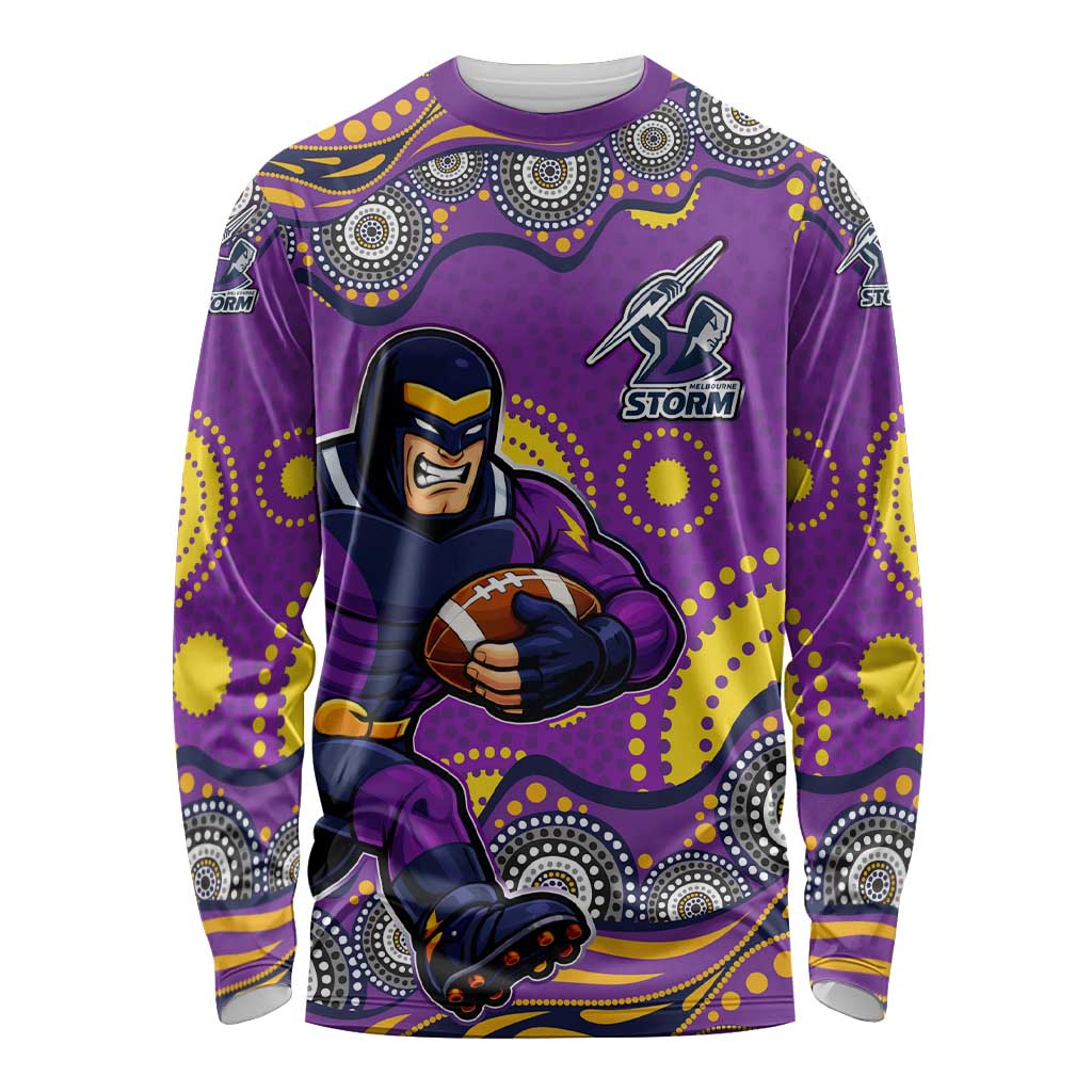 Melbourne Storm Long Sleeve Shirt Aboriginal Dot Pattern - Rugby Mascot Heritage Pride