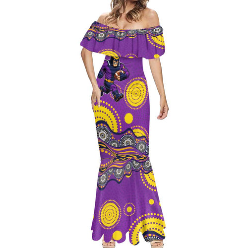 Melbourne Storm Mermaid Dress Aboriginal Dot Pattern - Rugby Mascot Heritage Pride