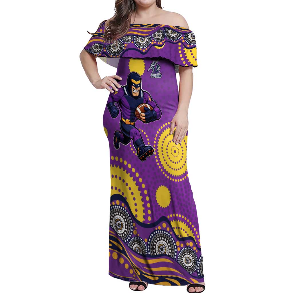 Melbourne Storm Off Shoulder Maxi Dress Aboriginal Dot Pattern - Rugby Mascot Heritage Pride