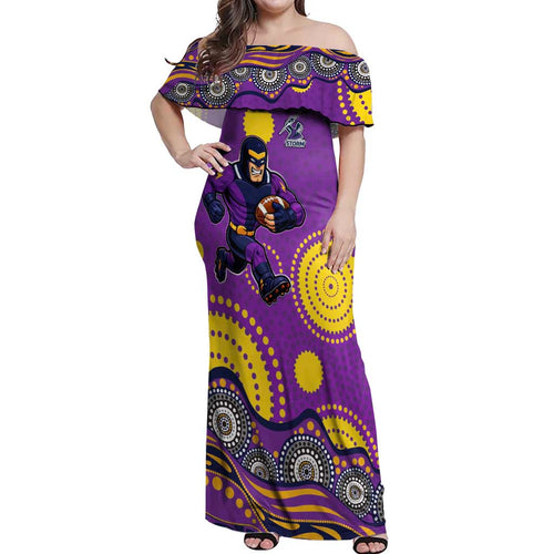 Melbourne Storm Off Shoulder Maxi Dress Aboriginal Dot Pattern - Rugby Mascot Heritage Pride