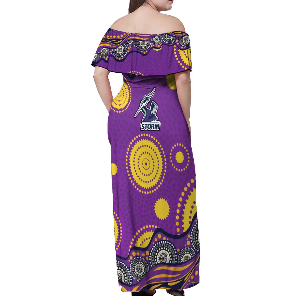 Melbourne Storm Off Shoulder Maxi Dress Aboriginal Dot Pattern - Rugby Mascot Heritage Pride