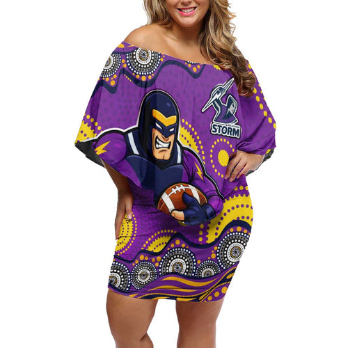 Melbourne Storm Off Shoulder Short Dress Aboriginal Dot Pattern - Rugby Mascot Heritage Pride
