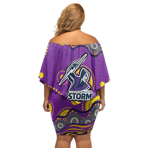 Melbourne Storm Off Shoulder Short Dress Aboriginal Dot Pattern - Rugby Mascot Heritage Pride