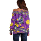 Melbourne Storm Off Shoulder Sweater Aboriginal Dot Pattern - Rugby Mascot Heritage Pride