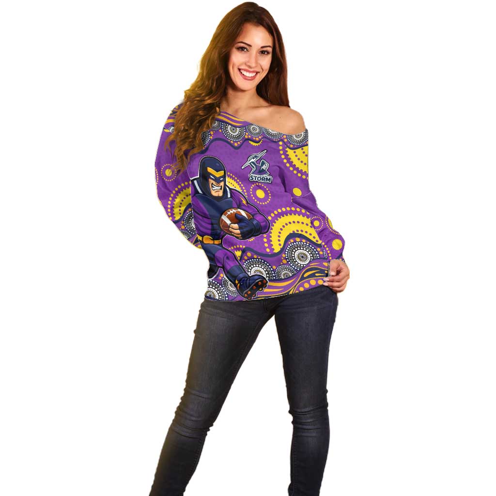 Melbourne Storm Off Shoulder Sweater Aboriginal Dot Pattern - Rugby Mascot Heritage Pride