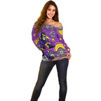 Melbourne Storm Off Shoulder Sweater Aboriginal Dot Pattern - Rugby Mascot Heritage Pride