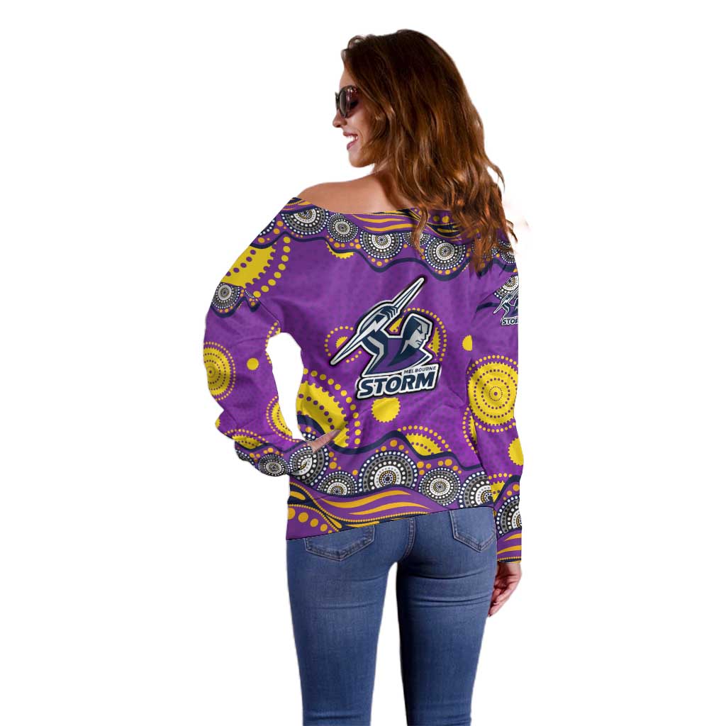 Melbourne Storm Off Shoulder Sweater Aboriginal Dot Pattern - Rugby Mascot Heritage Pride