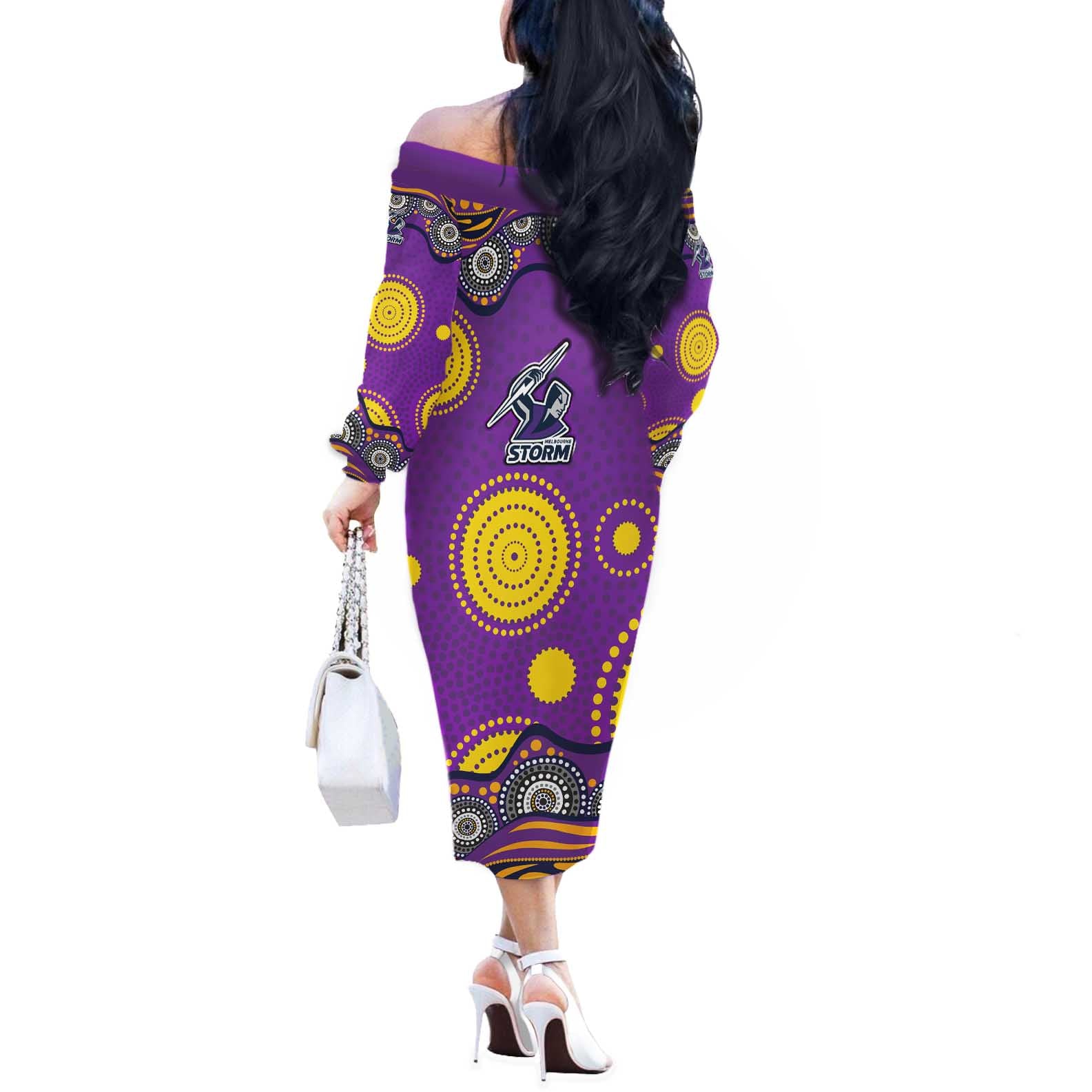 Melbourne Storm Off The Shoulder Long Sleeve Dress Aboriginal Dot Pattern - Rugby Mascot Heritage Pride