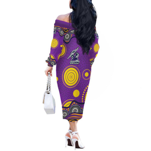 Melbourne Storm Off The Shoulder Long Sleeve Dress Aboriginal Dot Pattern - Rugby Mascot Heritage Pride