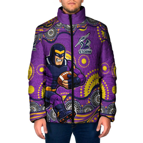 Melbourne Storm Padded Jacket Aboriginal Dot Pattern - Rugby Mascot Heritage Pride