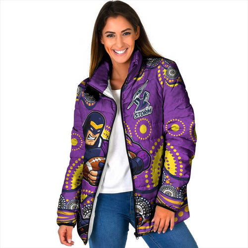 Melbourne Storm Padded Jacket Aboriginal Dot Pattern - Rugby Mascot Heritage Pride
