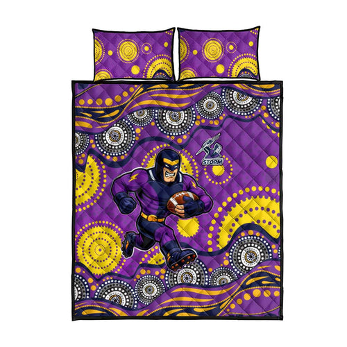 Melbourne Storm Quilt Bed Set Aboriginal Dot Pattern - Rugby Mascot Heritage Pride