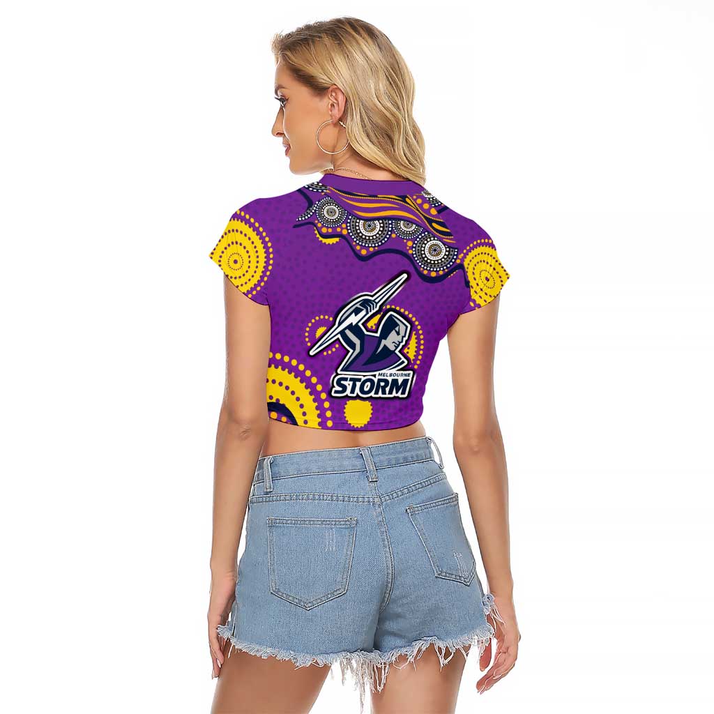 Melbourne Storm Raglan Cropped T Shirt Aboriginal Dot Pattern - Rugby Mascot Heritage Pride