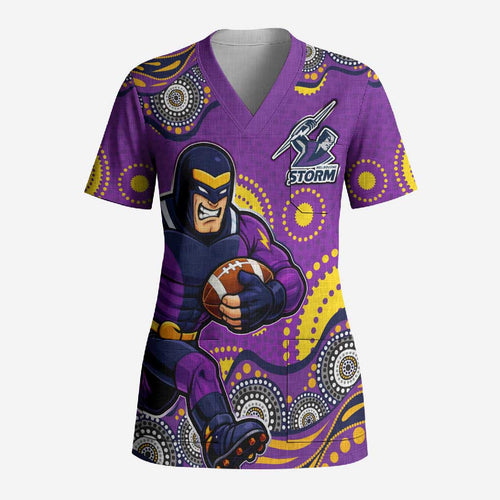 Melbourne Storm Scrub Top Aboriginal Dot Pattern - Rugby Mascot Heritage Pride