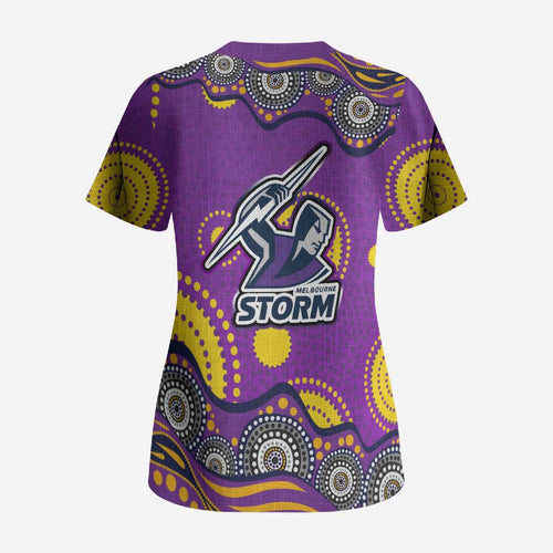 Melbourne Storm Scrub Top Aboriginal Dot Pattern - Rugby Mascot Heritage Pride