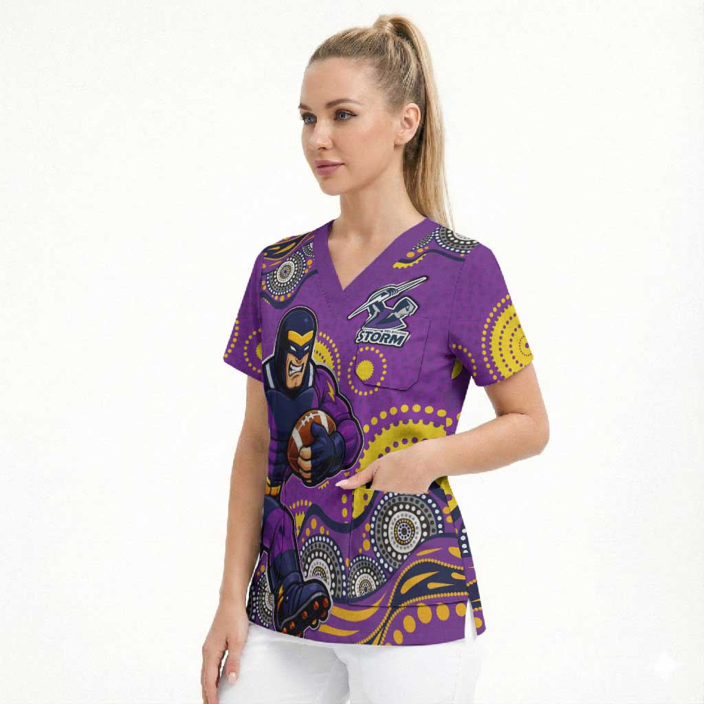 Melbourne Storm Scrub Top Aboriginal Dot Pattern - Rugby Mascot Heritage Pride