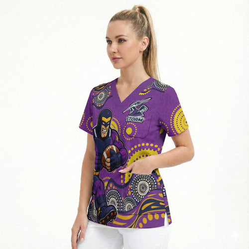 Melbourne Storm Scrub Top Aboriginal Dot Pattern - Rugby Mascot Heritage Pride