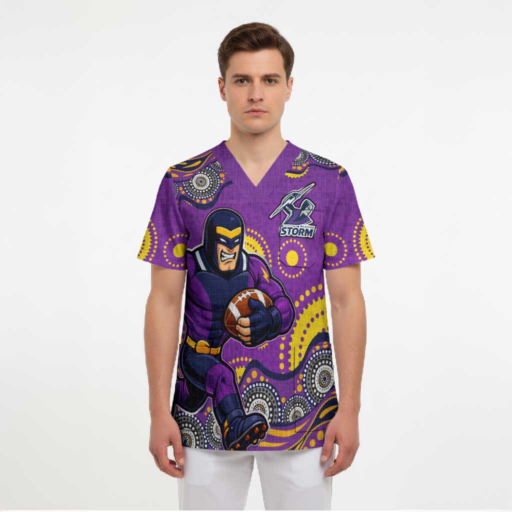 Melbourne Storm Scrub Top Aboriginal Dot Pattern - Rugby Mascot Heritage Pride