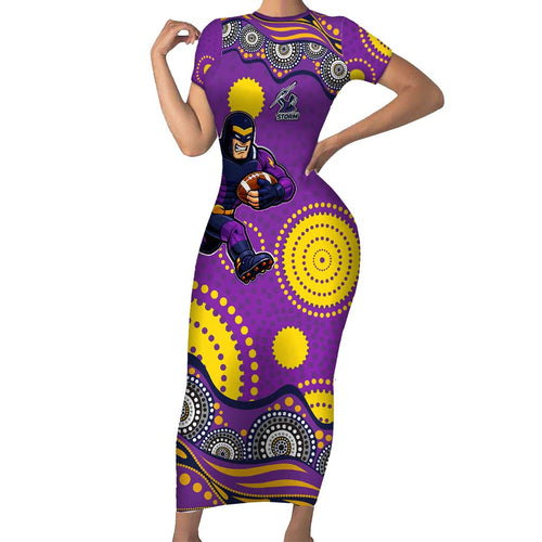Melbourne Storm Short Sleeve Bodycon Dress Aboriginal Dot Pattern - Rugby Mascot Heritage Pride