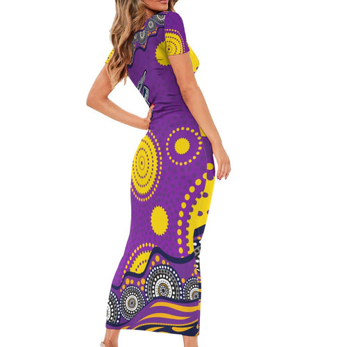 Melbourne Storm Short Sleeve Bodycon Dress Aboriginal Dot Pattern - Rugby Mascot Heritage Pride
