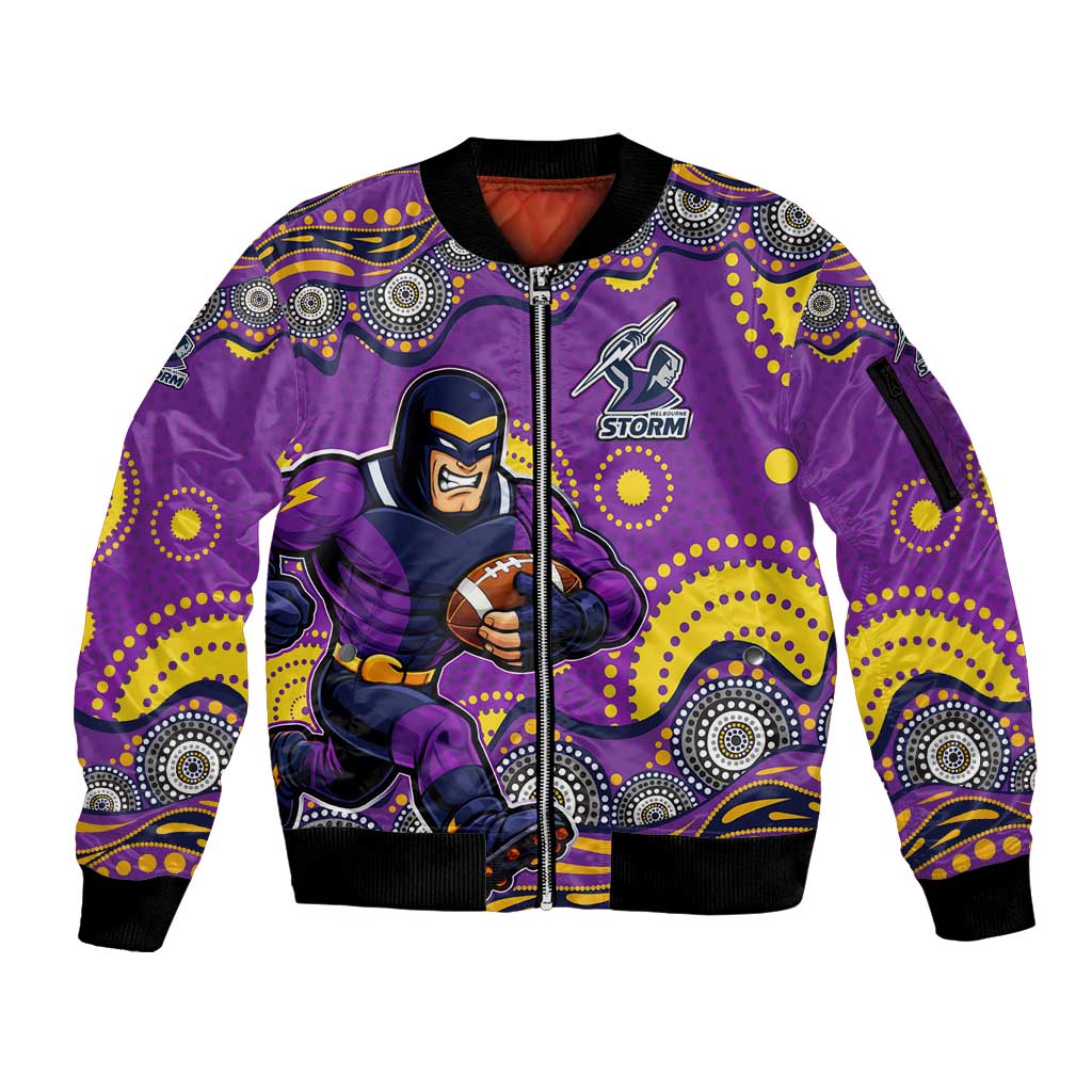 Melbourne Storm Sleeve Zip Bomber Jacket Aboriginal Dot Pattern - Rugby Mascot Heritage Pride