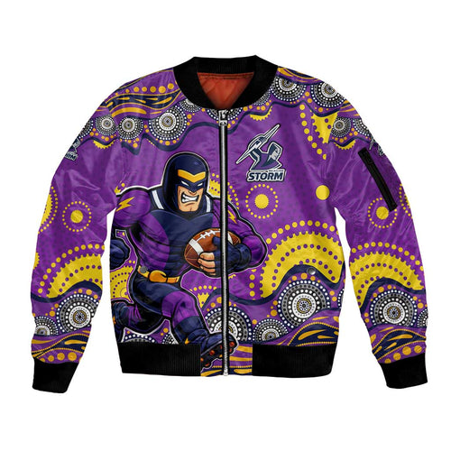 Melbourne Storm Sleeve Zip Bomber Jacket Aboriginal Dot Pattern - Rugby Mascot Heritage Pride