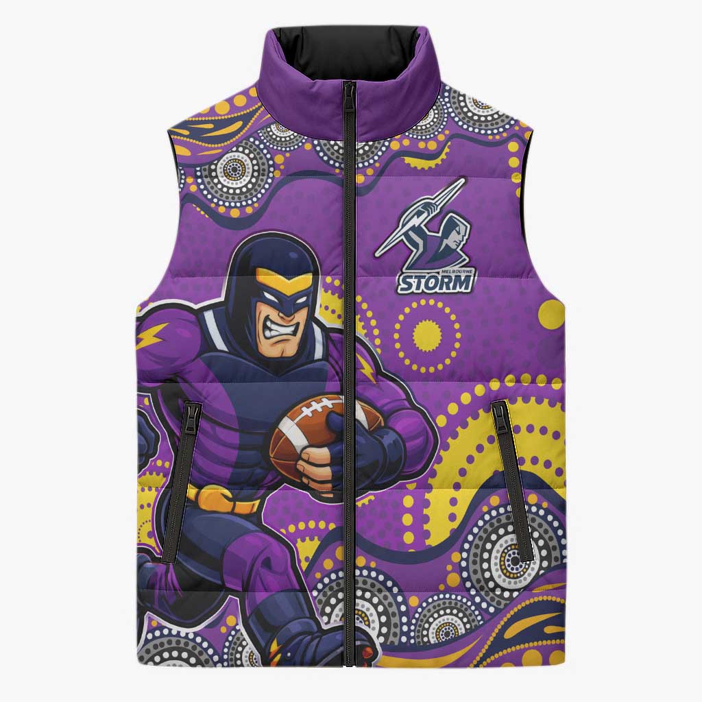 Melbourne Storm Sleeveless Puffer Jacket Aboriginal Dot Pattern - Rugby Mascot Heritage Pride