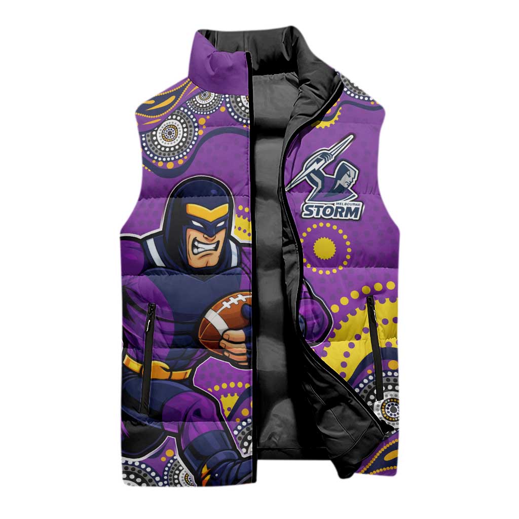 Melbourne Storm Sleeveless Puffer Jacket Aboriginal Dot Pattern - Rugby Mascot Heritage Pride