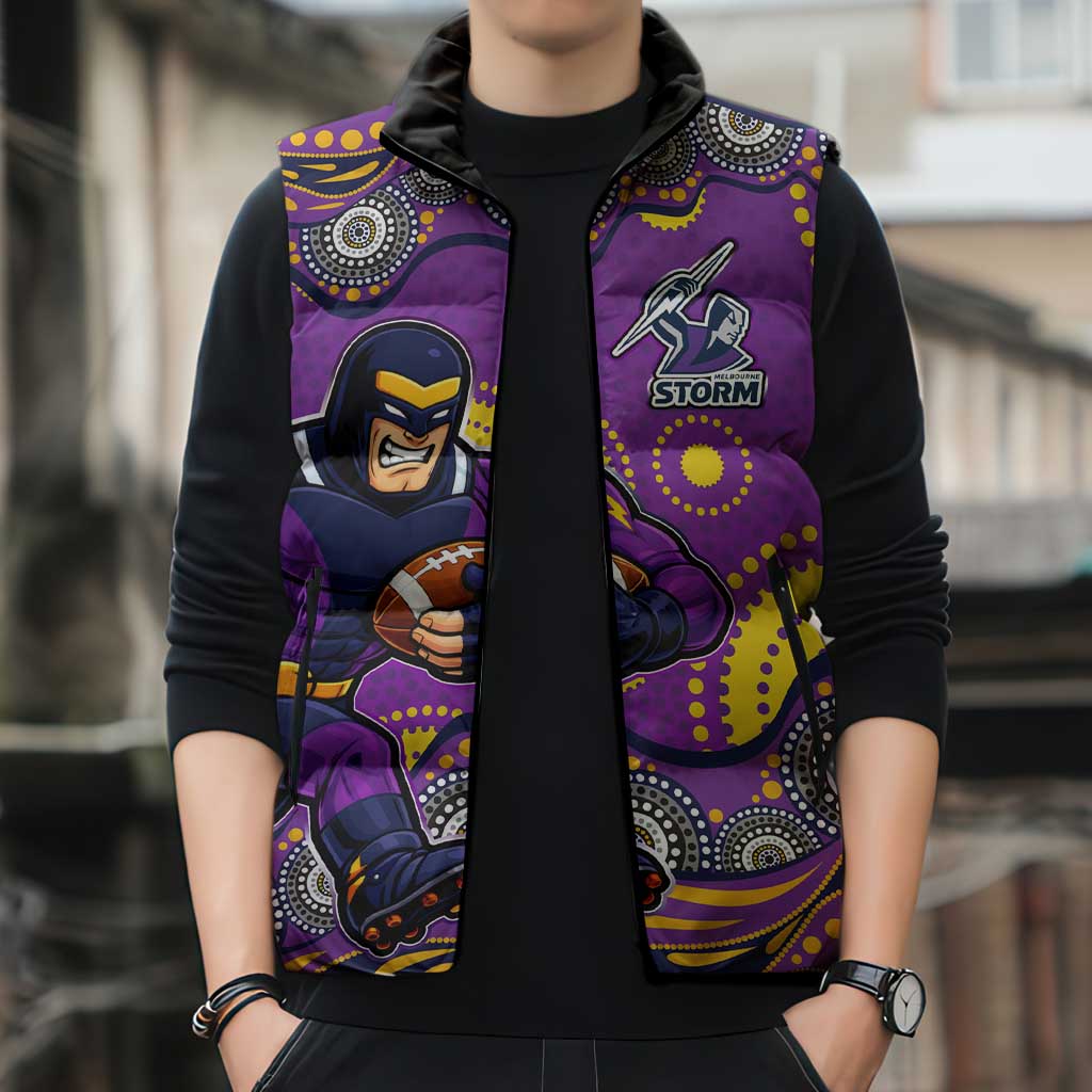 Melbourne Storm Sleeveless Puffer Jacket Aboriginal Dot Pattern - Rugby Mascot Heritage Pride