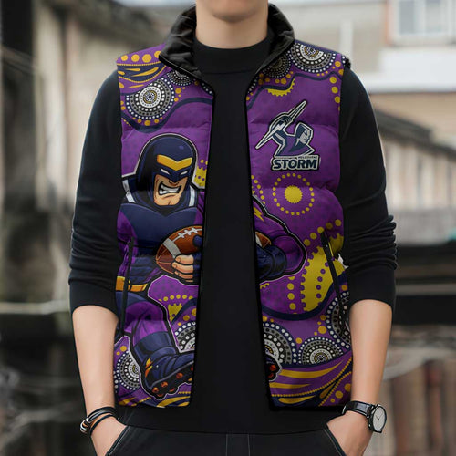 Melbourne Storm Sleeveless Puffer Jacket Aboriginal Dot Pattern - Rugby Mascot Heritage Pride