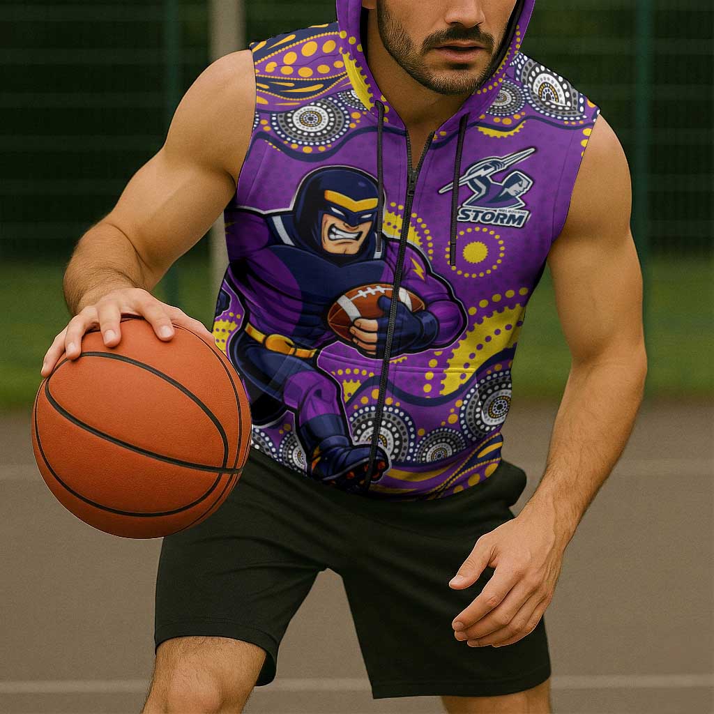 Melbourne Storm Sleeveless Zip Hoodie Aboriginal Dot Pattern - Rugby Mascot Heritage Pride