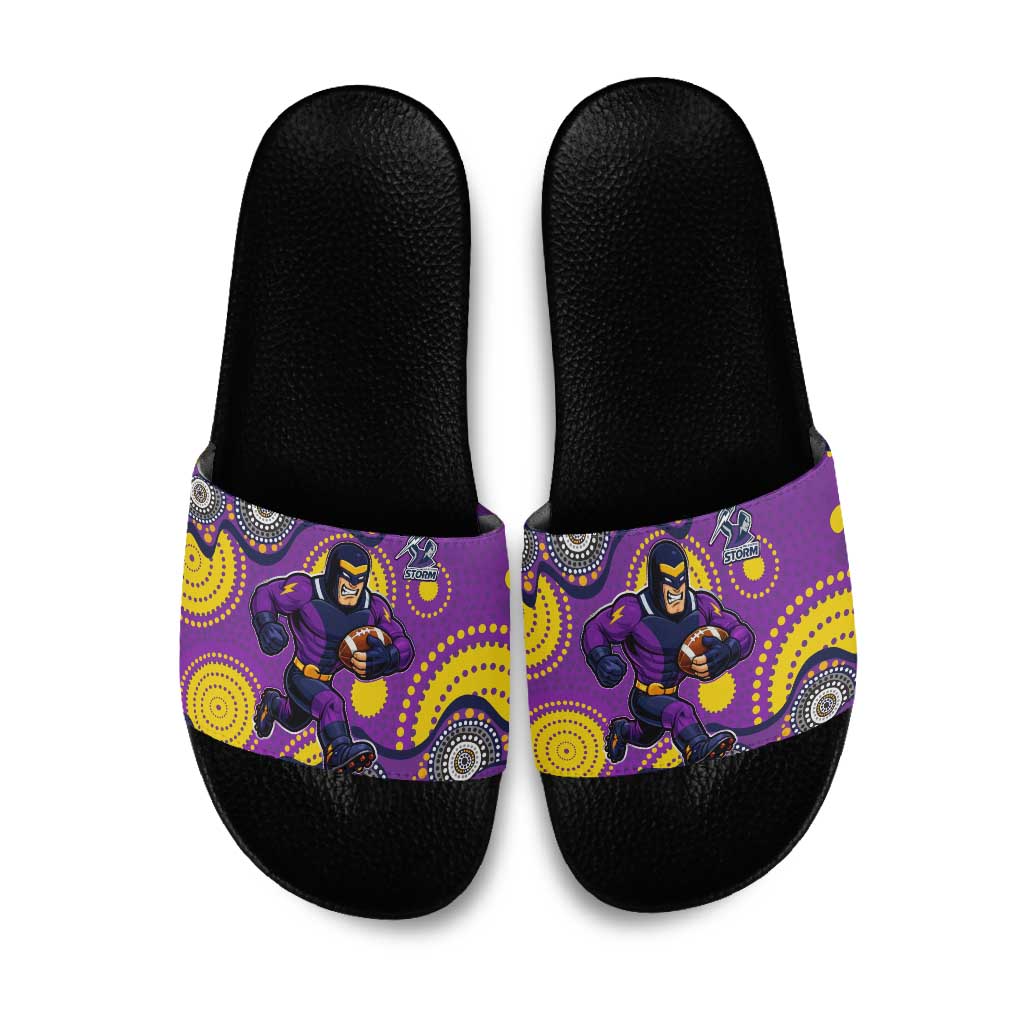Melbourne Storm Slide Sandals Aboriginal Dot Pattern - Rugby Mascot Heritage Pride
