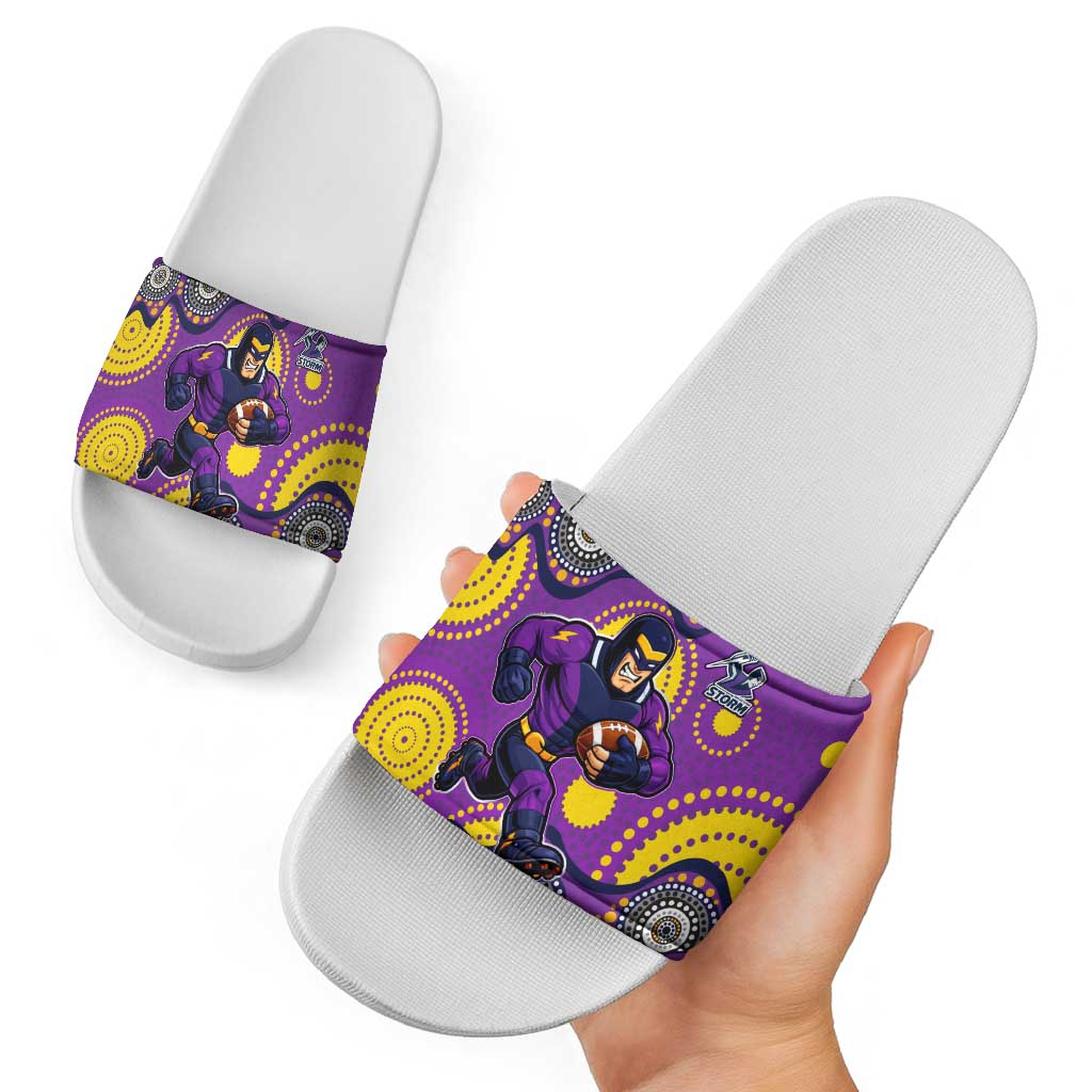 Melbourne Storm Slide Sandals Aboriginal Dot Pattern - Rugby Mascot Heritage Pride