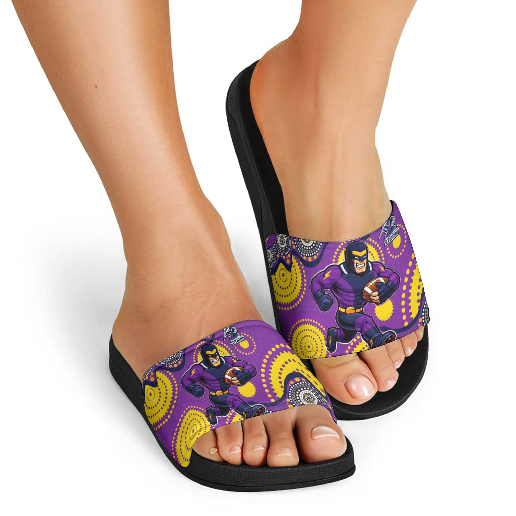 Melbourne Storm Slide Sandals Aboriginal Dot Pattern - Rugby Mascot Heritage Pride
