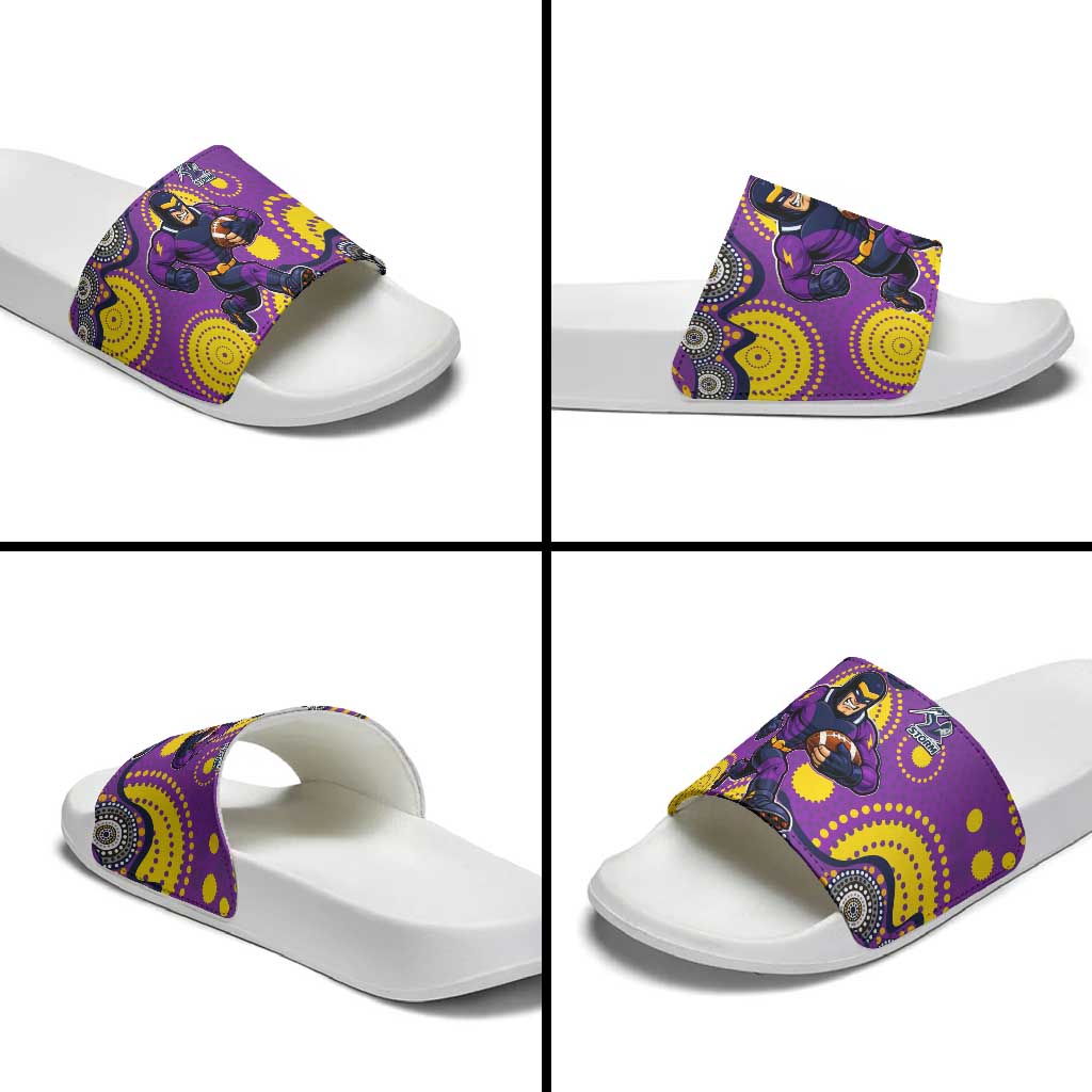 Melbourne Storm Slide Sandals Aboriginal Dot Pattern - Rugby Mascot Heritage Pride