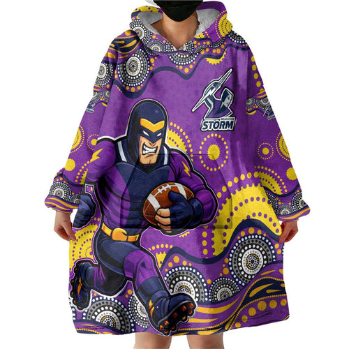 Melbourne Storm Wearable Blanket Hoodie Aboriginal Dot Pattern - Rugby Mascot Heritage Pride