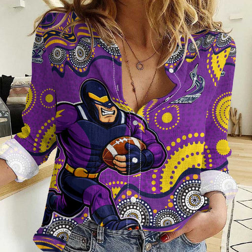 Melbourne Storm Women Casual Shirt Aboriginal Dot Pattern - Rugby Mascot Heritage Pride