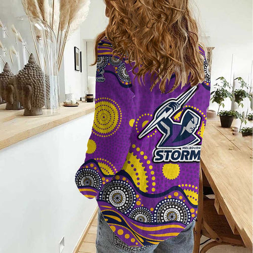 Melbourne Storm Women Casual Shirt Aboriginal Dot Pattern - Rugby Mascot Heritage Pride