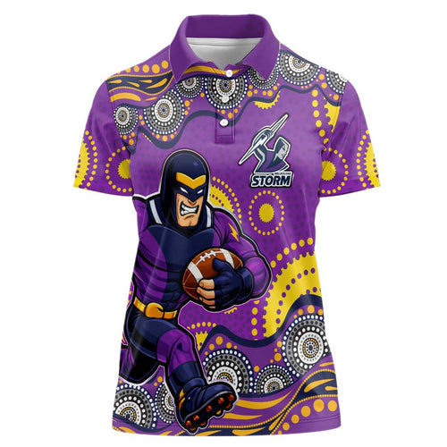 Melbourne Storm Women Polo Shirt Aboriginal Dot Pattern - Rugby Mascot Heritage Pride