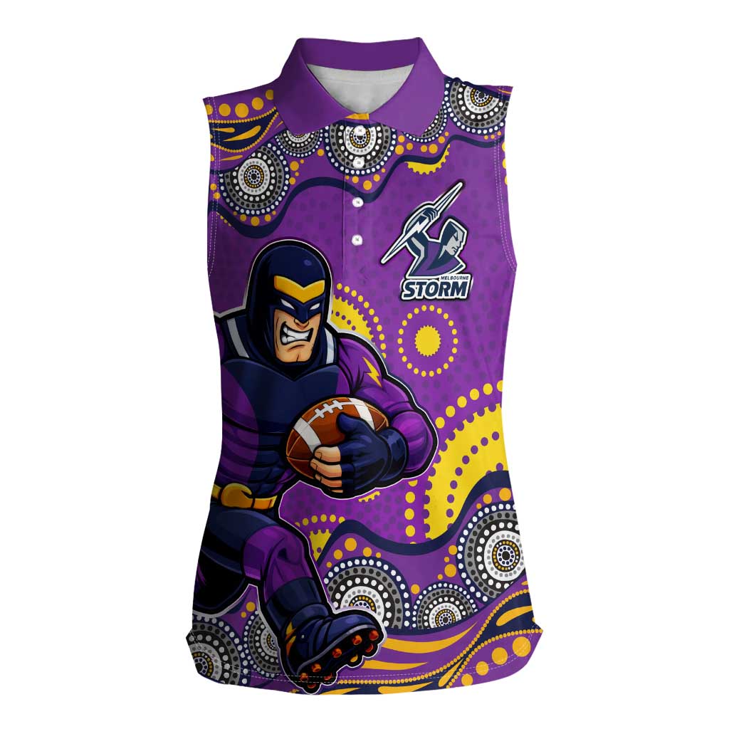 Melbourne Storm Women Sleeveless Polo Shirt Aboriginal Dot Pattern - Rugby Mascot Heritage Pride
