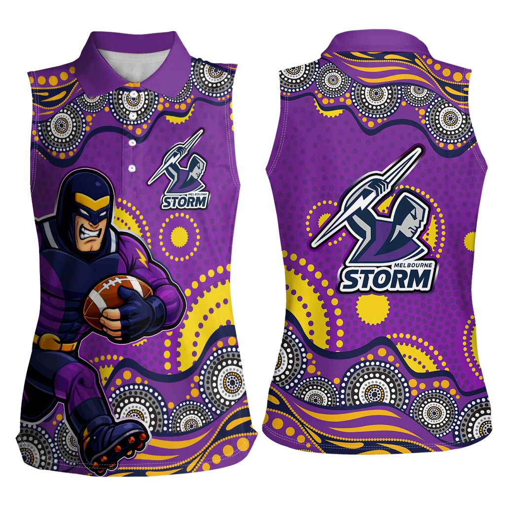 Melbourne Storm Women Sleeveless Polo Shirt Aboriginal Dot Pattern - Rugby Mascot Heritage Pride