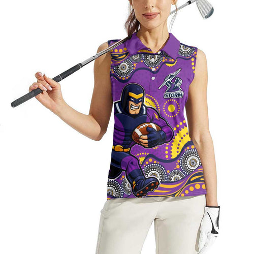 Melbourne Storm Women Sleeveless Polo Shirt Aboriginal Dot Pattern - Rugby Mascot Heritage Pride