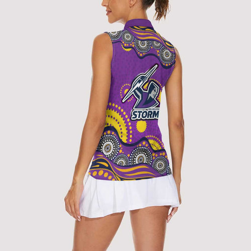 Melbourne Storm Women Sleeveless Polo Shirt Aboriginal Dot Pattern - Rugby Mascot Heritage Pride