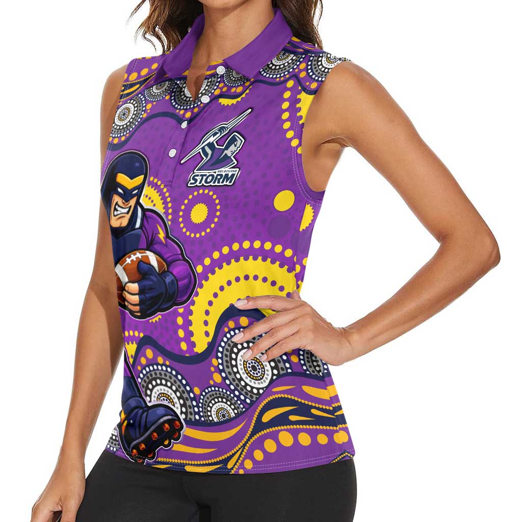 Melbourne Storm Women Sleeveless Polo Shirt Aboriginal Dot Pattern - Rugby Mascot Heritage Pride