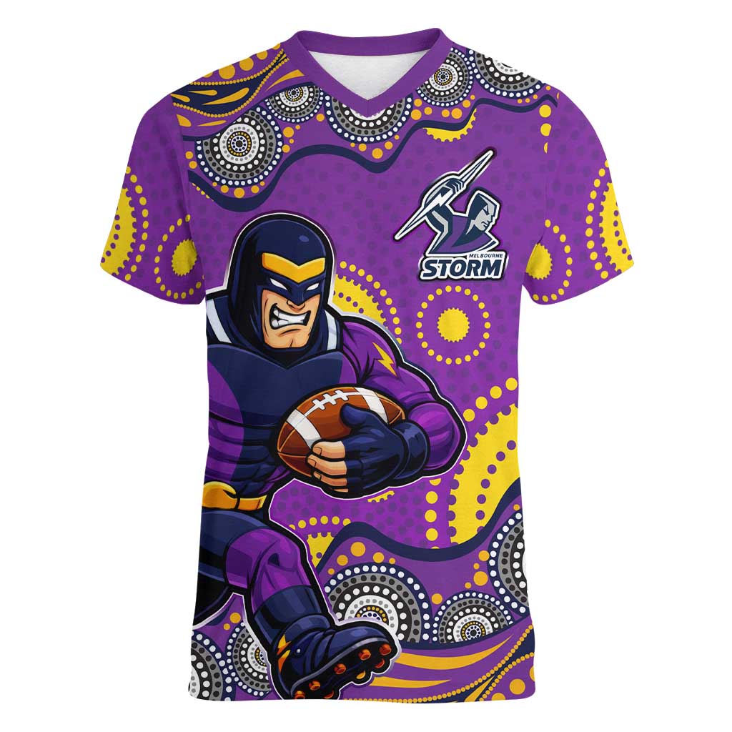 Melbourne Storm Women V-Neck T-Shirt Aboriginal Dot Pattern - Rugby Mascot Heritage Pride
