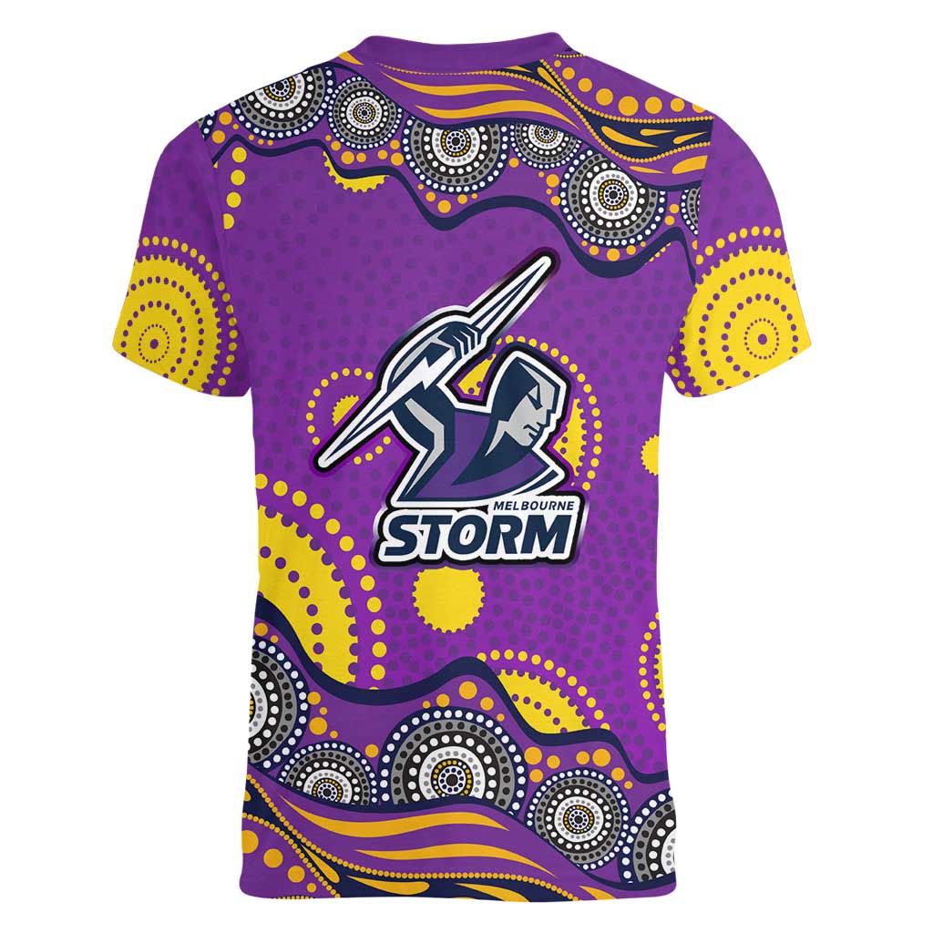 Melbourne Storm Women V-Neck T-Shirt Aboriginal Dot Pattern - Rugby Mascot Heritage Pride