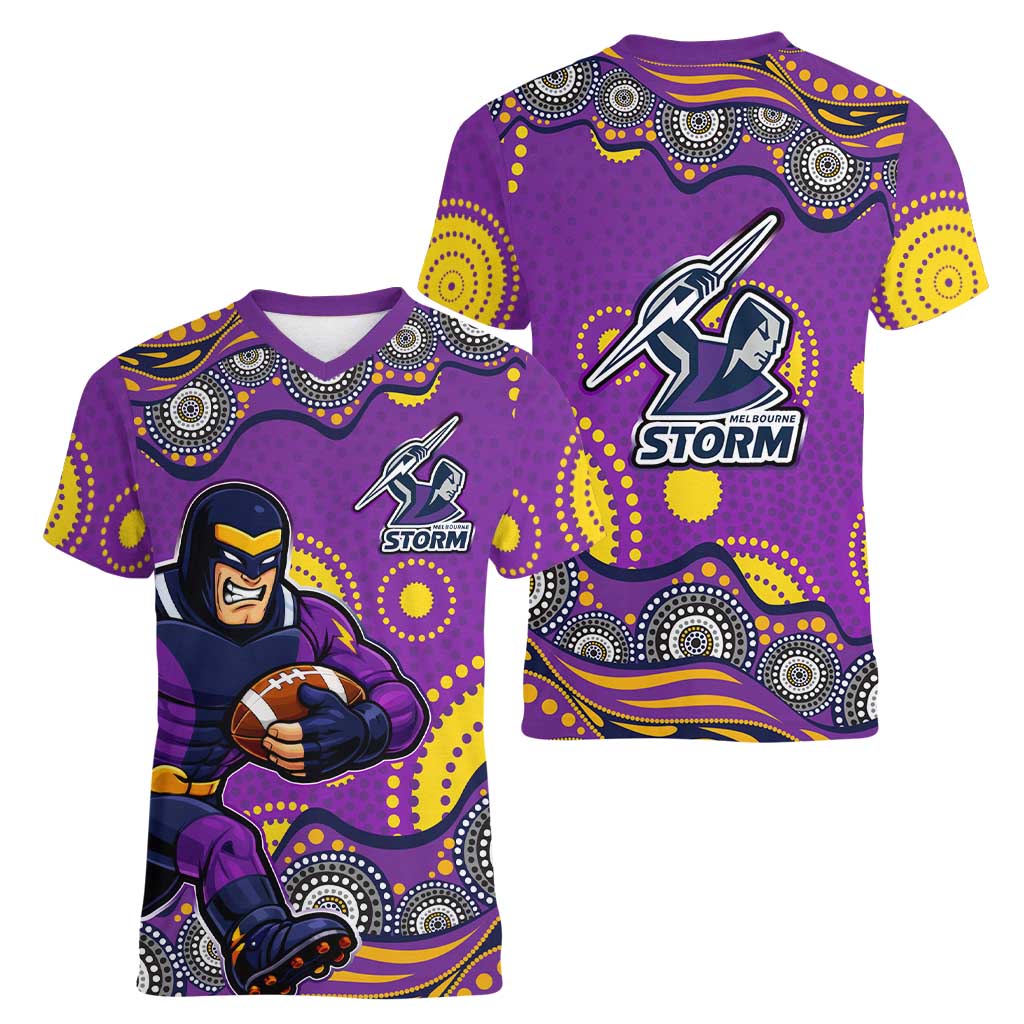 Melbourne Storm Women V-Neck T-Shirt Aboriginal Dot Pattern - Rugby Mascot Heritage Pride