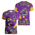Melbourne Storm Women V-Neck T-Shirt Aboriginal Dot Pattern - Rugby Mascot Heritage Pride