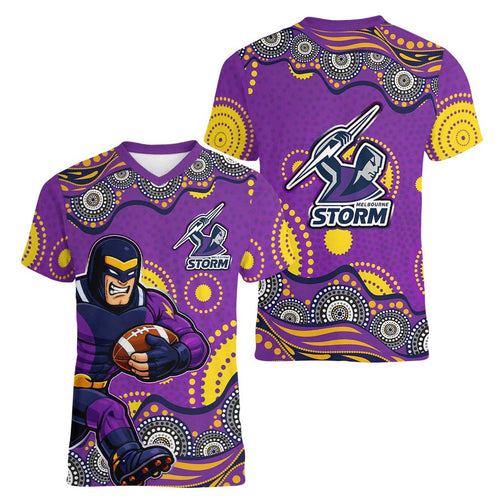 Melbourne Storm Women V-Neck T-Shirt Aboriginal Dot Pattern - Rugby Mascot Heritage Pride